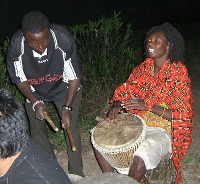 Njoro and another drummer at the Youth Camp of the World Social Forum, Nairobi, Kenya, January 22, 2007