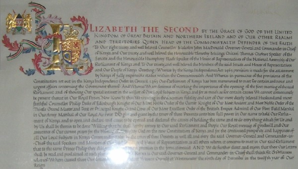 Proclamation of Queen Elizabeth II granting authority to Kenyan Parliament, December 6, 1963